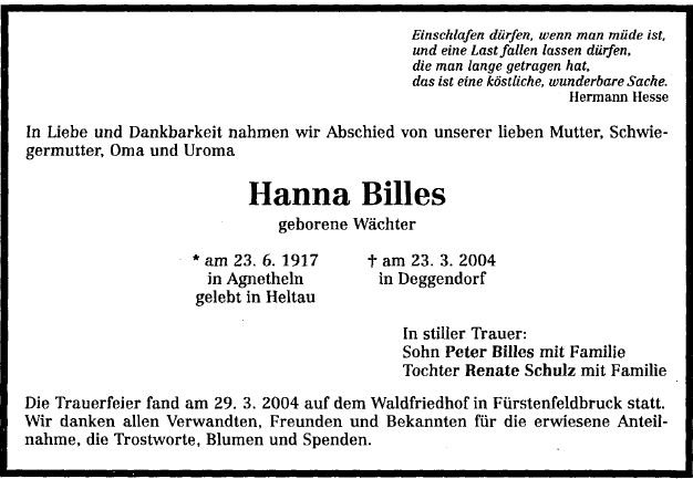 Waechter Johanna 1917-2004 Todesanzeige